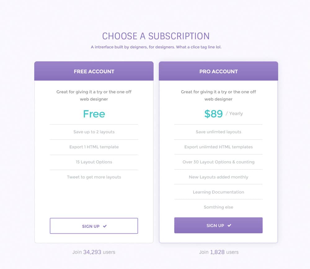 clean pricing table psd