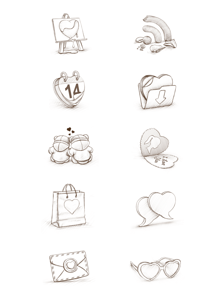 Initial sketches of Cuberto’s St. Valentine’s icon set.
