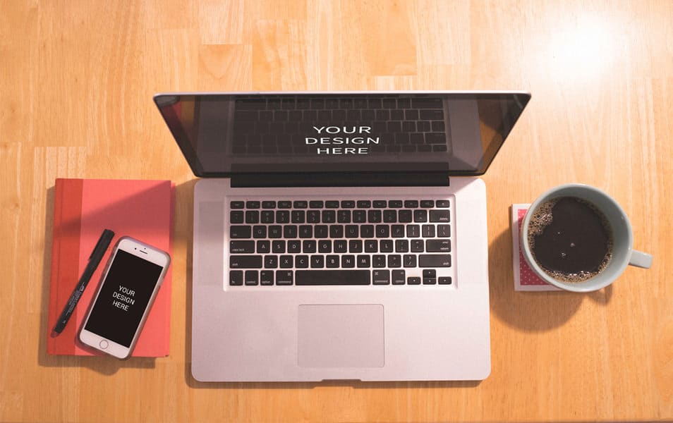 Macbook Air with iPhone Cup Mockup